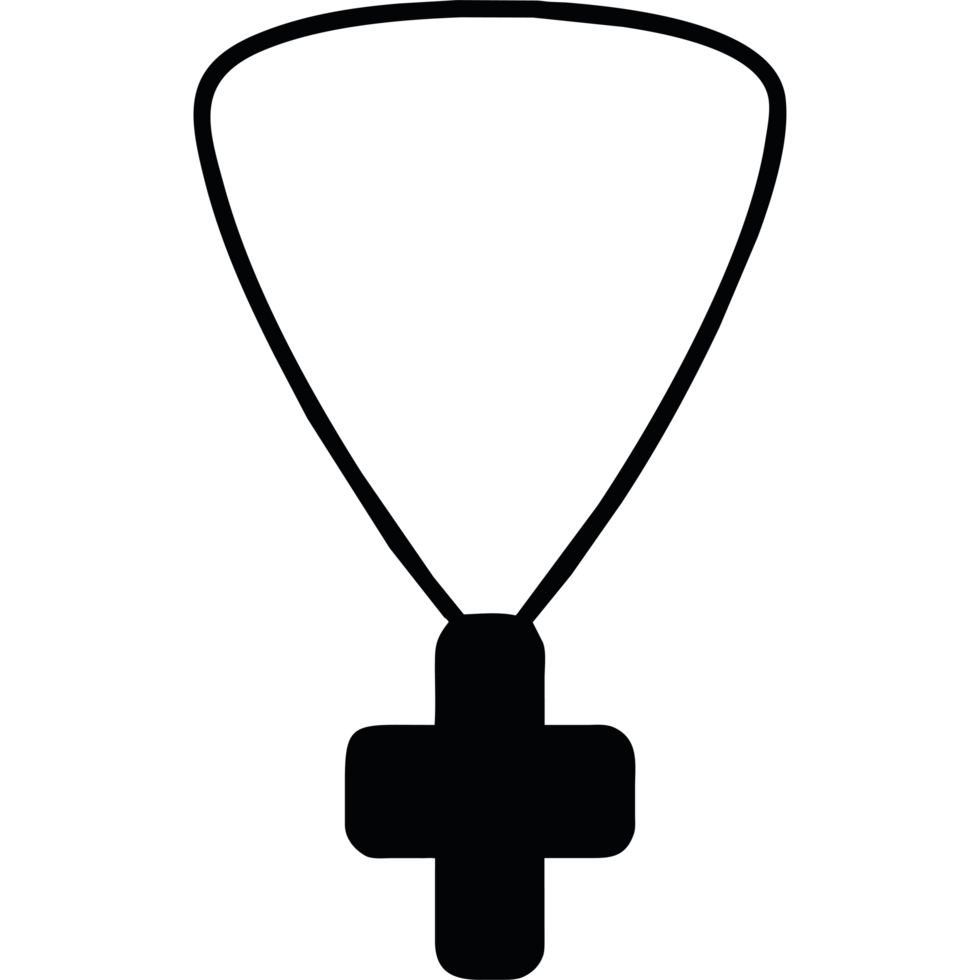 A black and white image of a cross on a necklace png