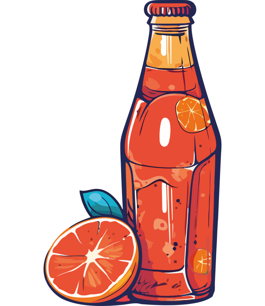 A bottle of orange soda with a slice of orange png