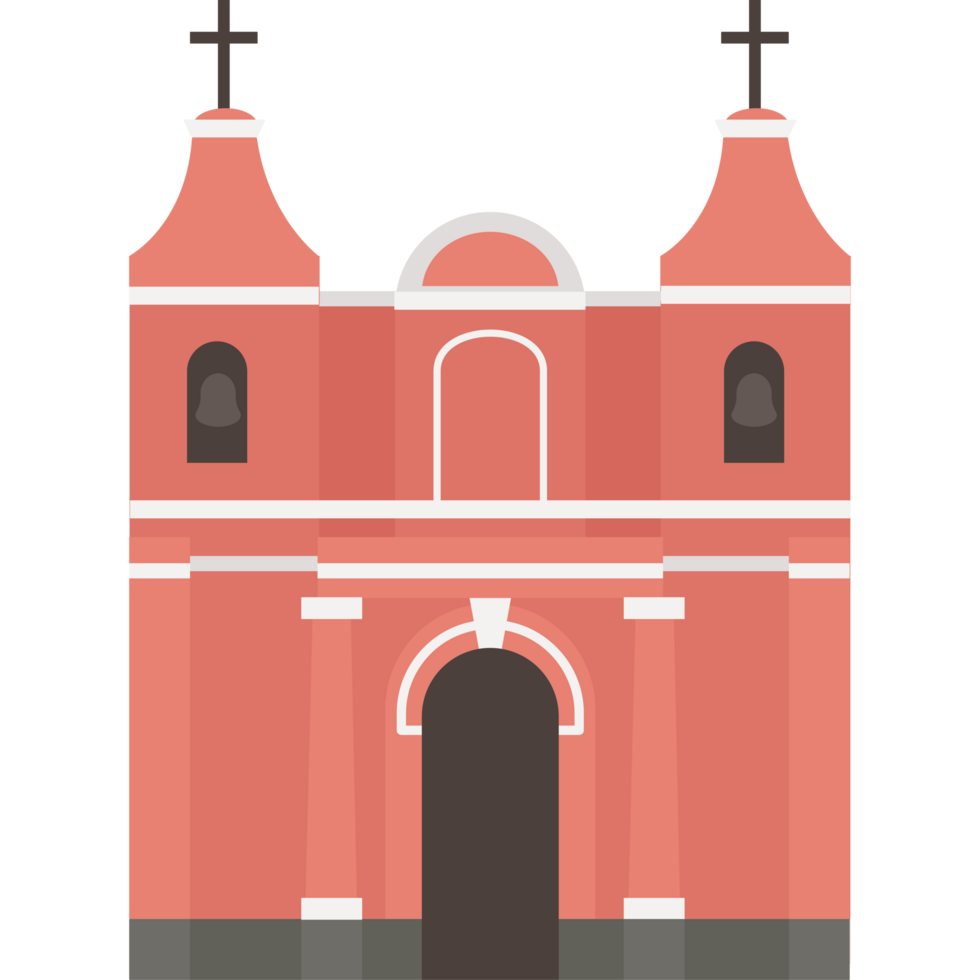 A church with two towers and a cross on the front png