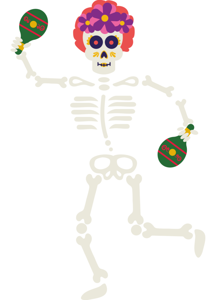 A skeleton with a flower in his hair is holding a ball png