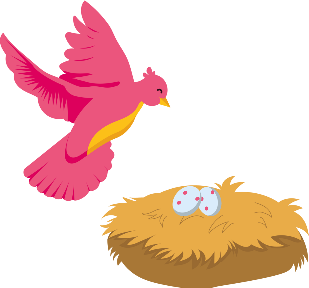 A pink bird is flying over a nest with eggs png
