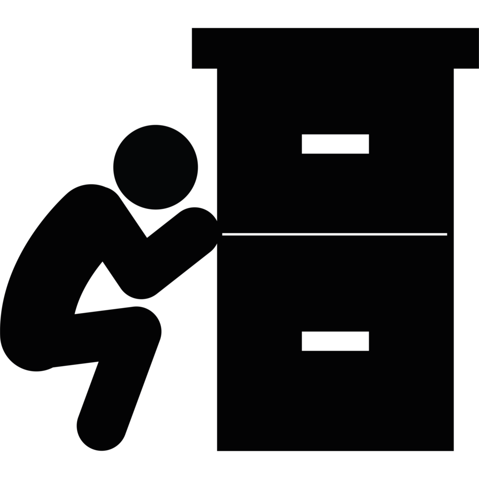 A person is leaning on a cabinet with a drawer png