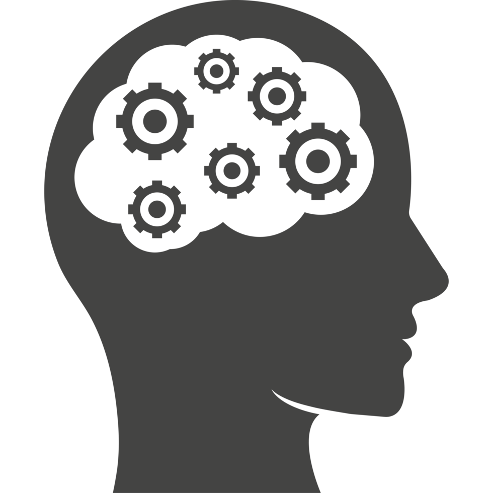 A silhouette of a person's head with gears in the brain png