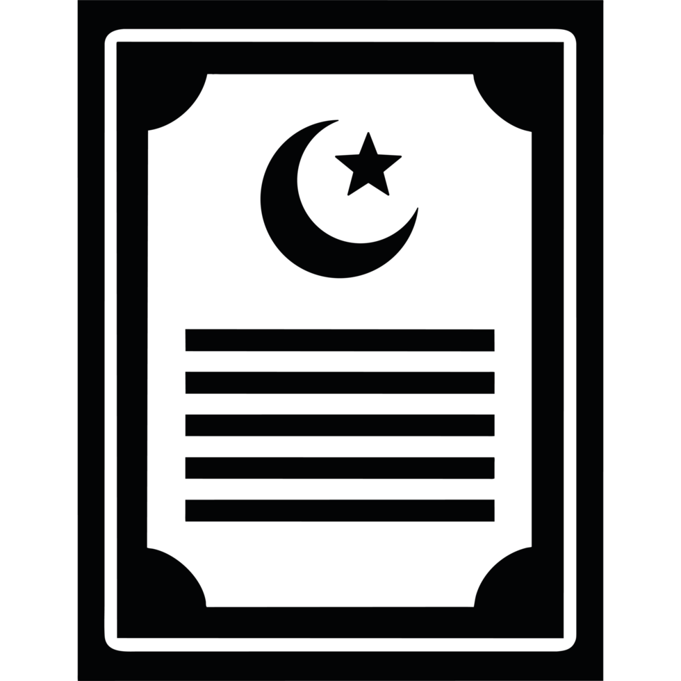 A black and white image of a book with a star and crescent png