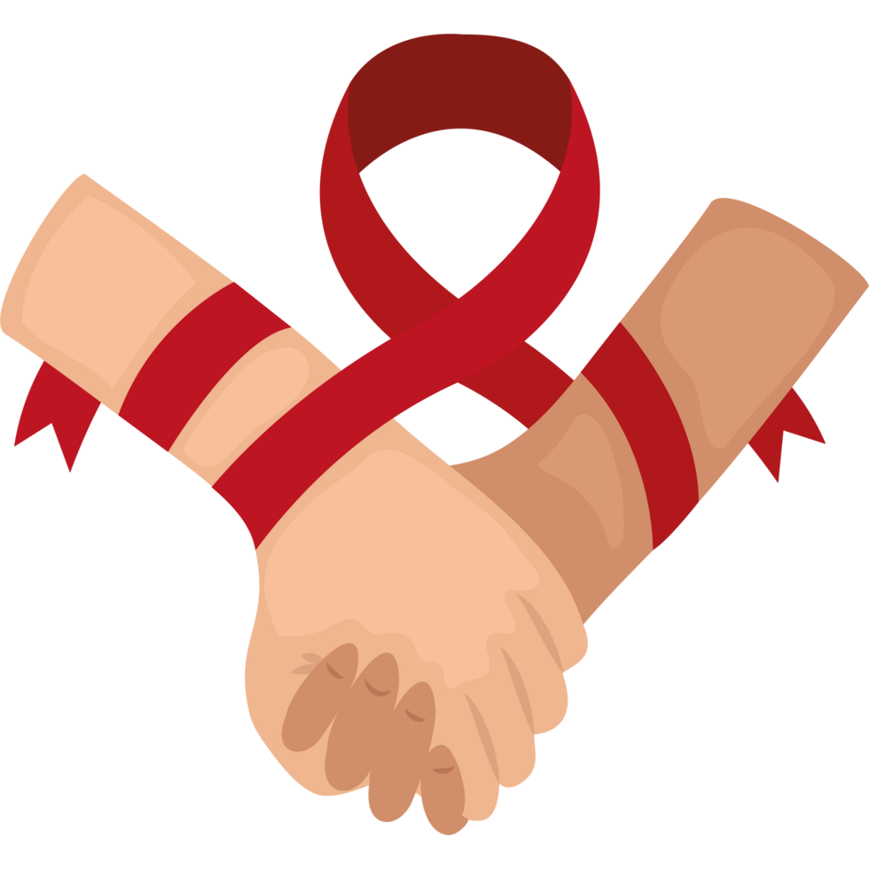 Two hands holding each other with a red ribbon png