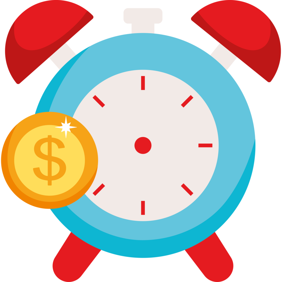 A clock with a dollar coin and a red hand png