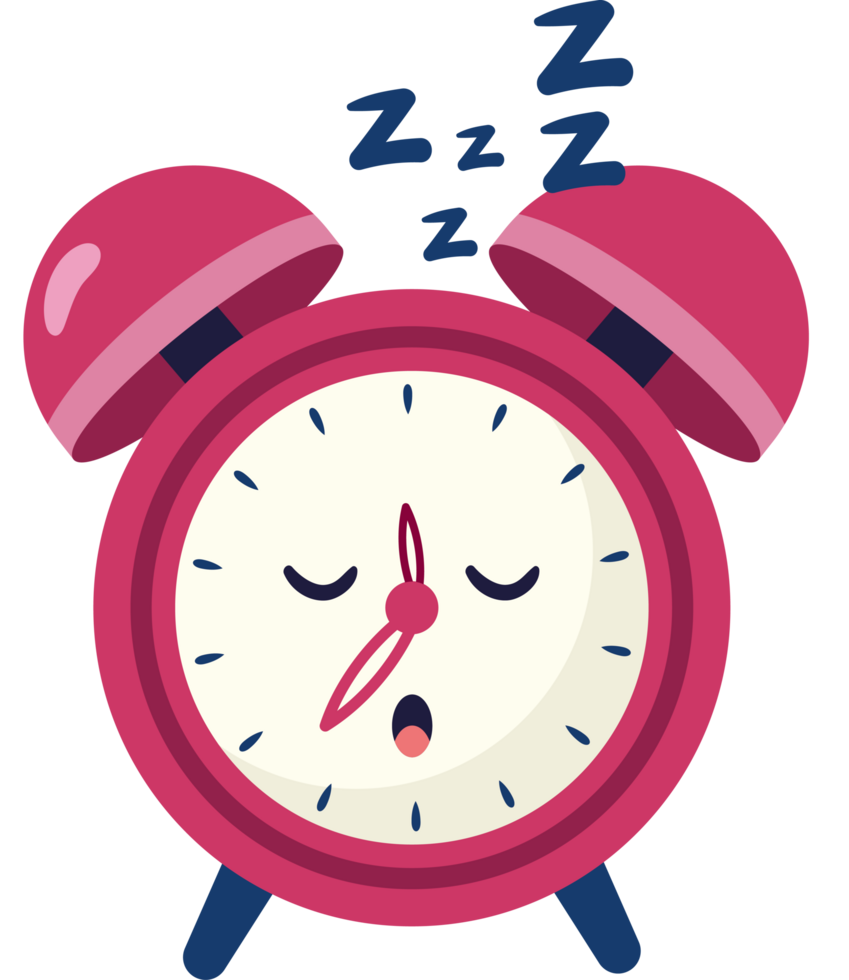 A pink alarm clock with a sleeping face png