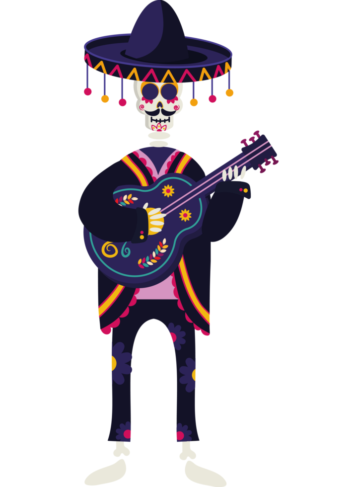A cartoon skeleton playing a guitar png