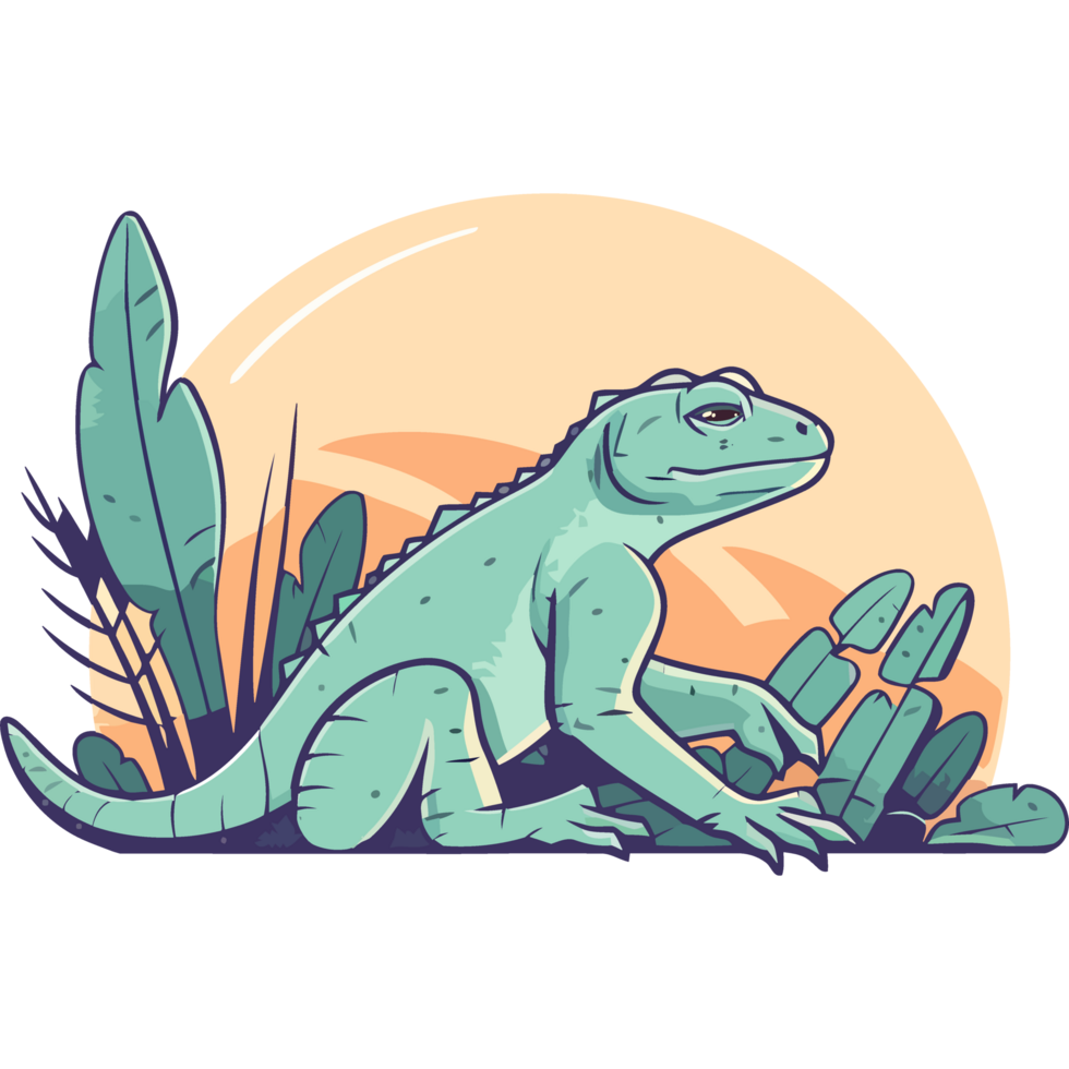 An iguana sitting on the ground with plants and a sun png