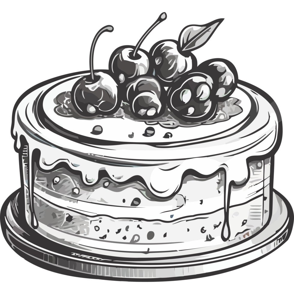 A black and white drawing of a cake with cherries png