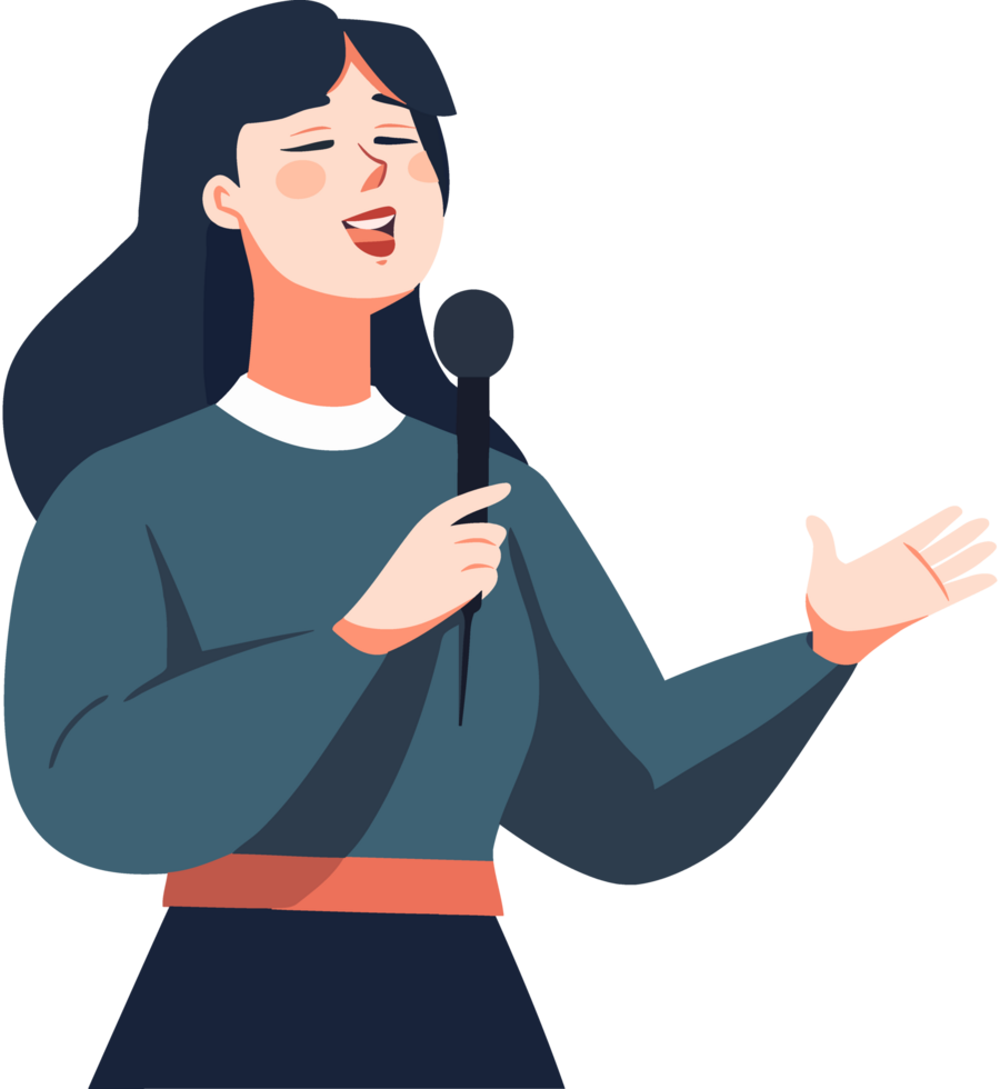 A woman is holding a microphone and singing png