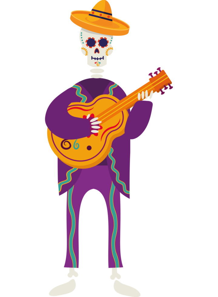 A skeleton in a mexican outfit playing a guitar png