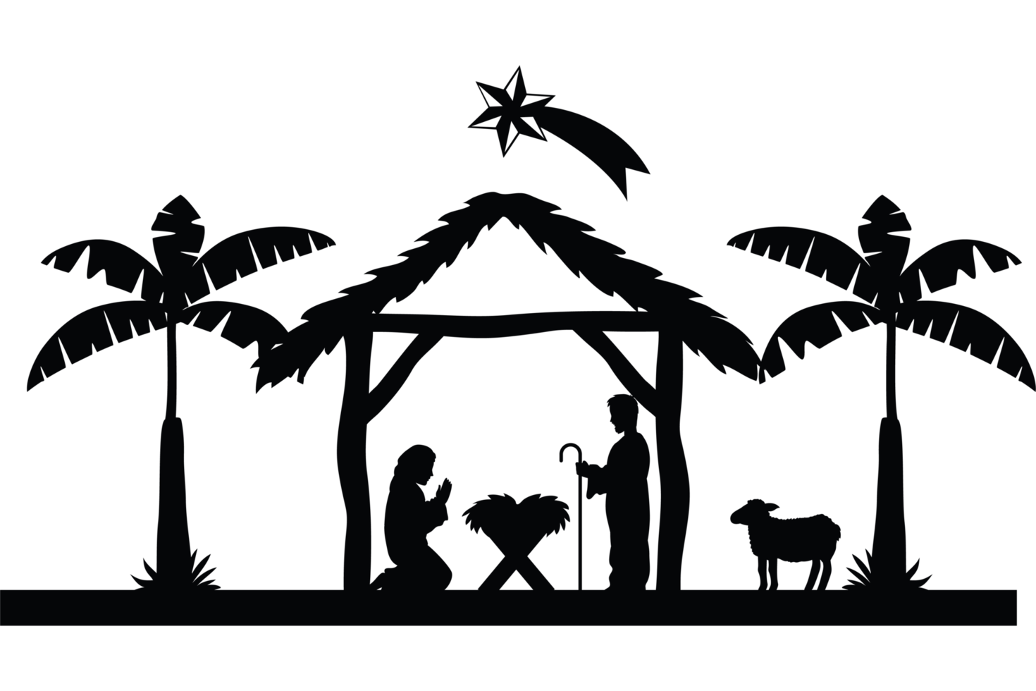 A silhouette of a manger with palm trees and a star png