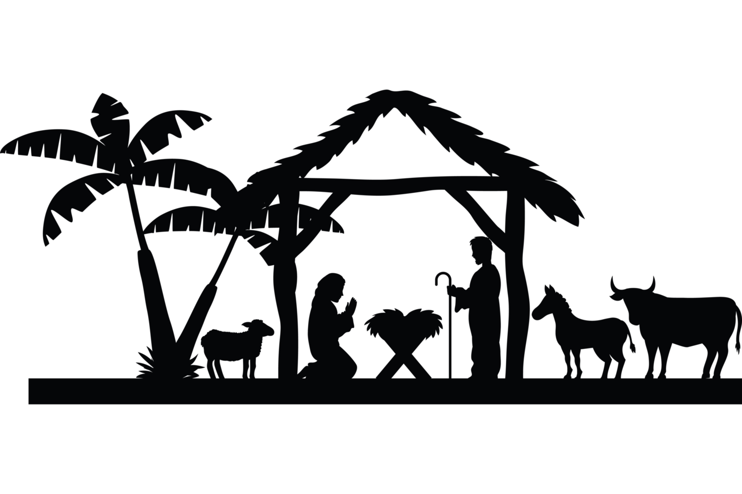 Nativity scene with a manger, sheep and palm trees png