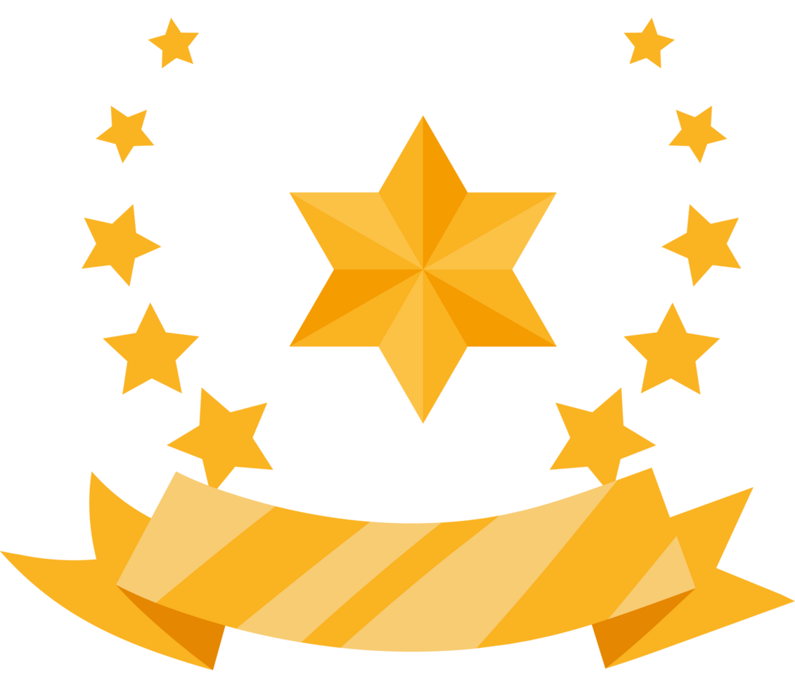 A golden star with a ribbon and stars png