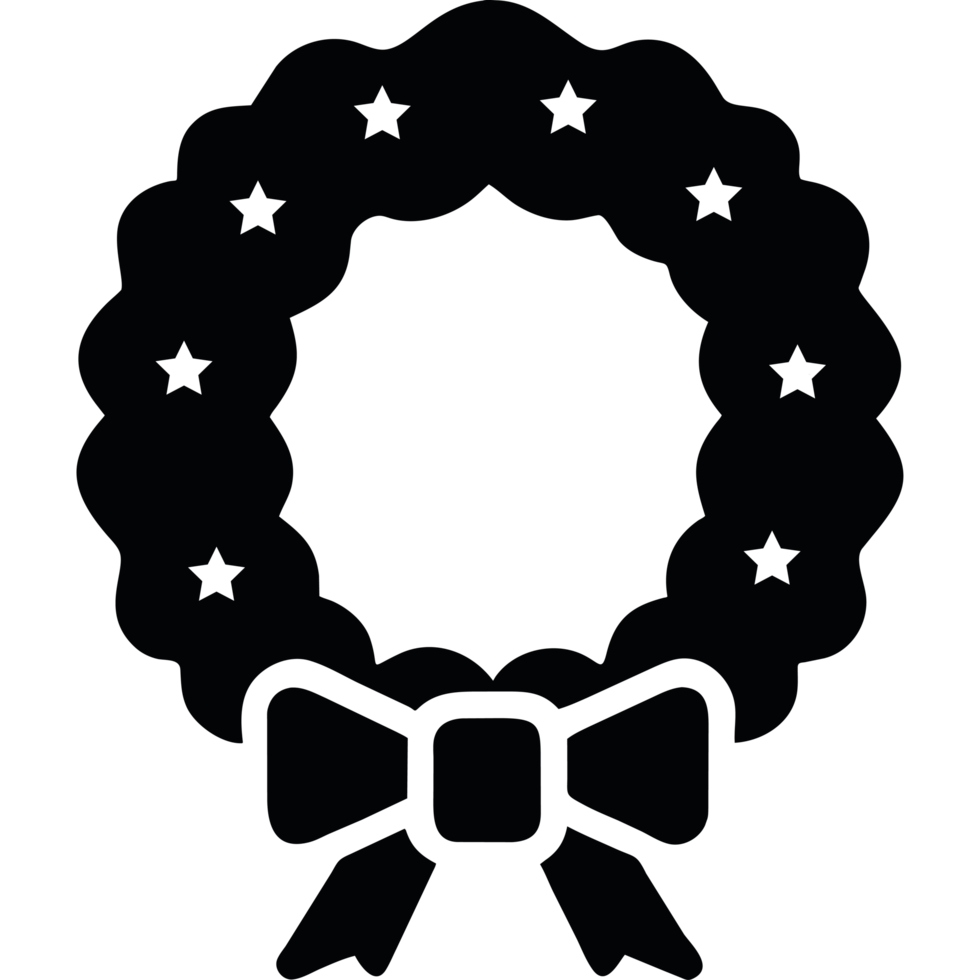 A black and white image of a wreath with a bow png