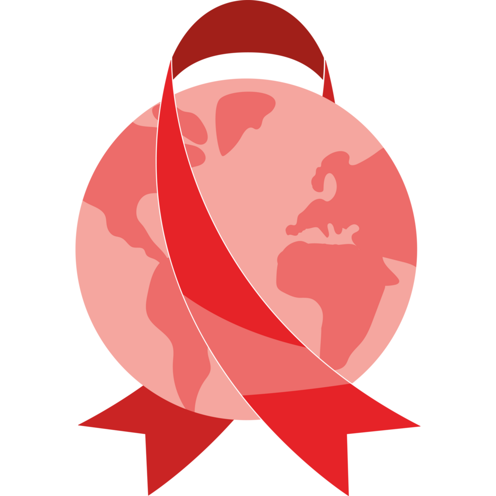Red ribbon on a globe with a world map png