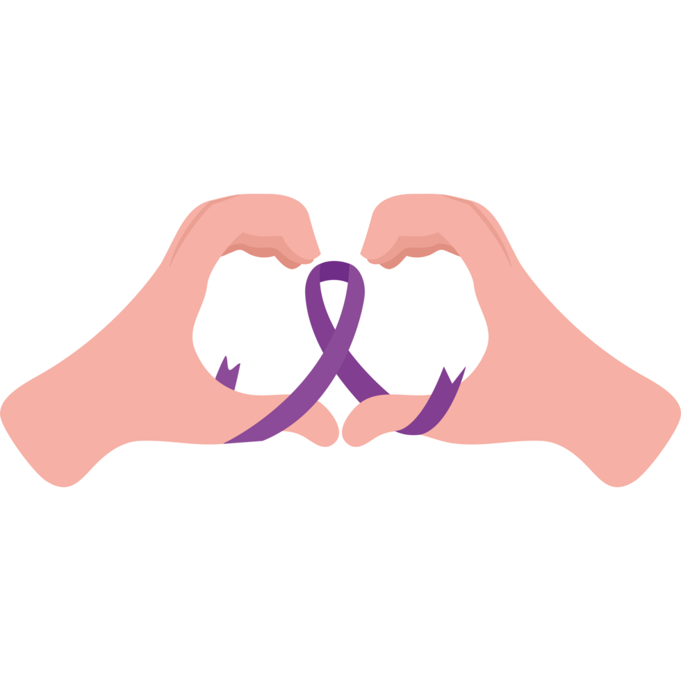 Two hands making a heart shape with a purple ribbon png