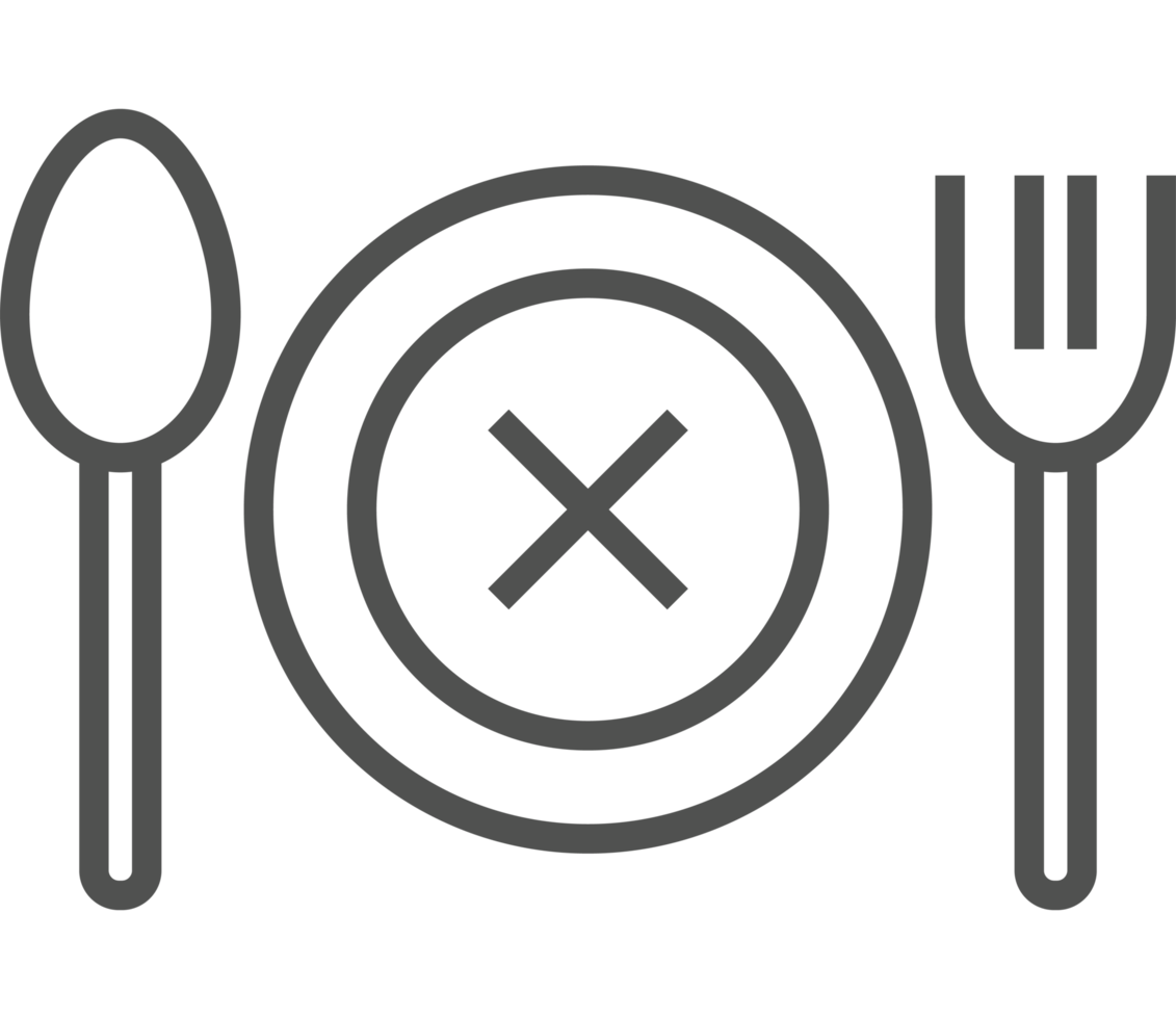A black and white image of a plate, fork and spoon png