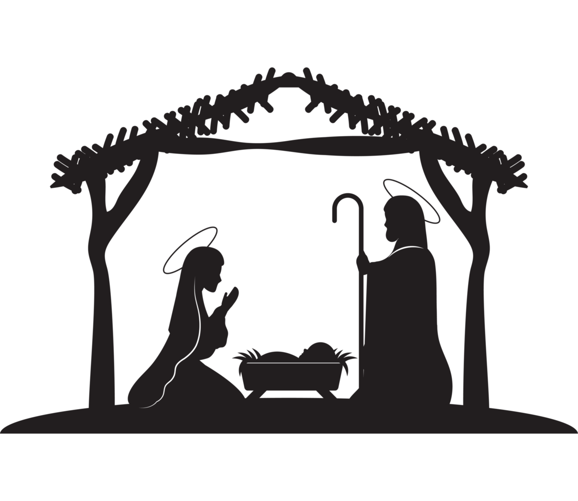 Silhouette of a nativity scene with jesus and mary png