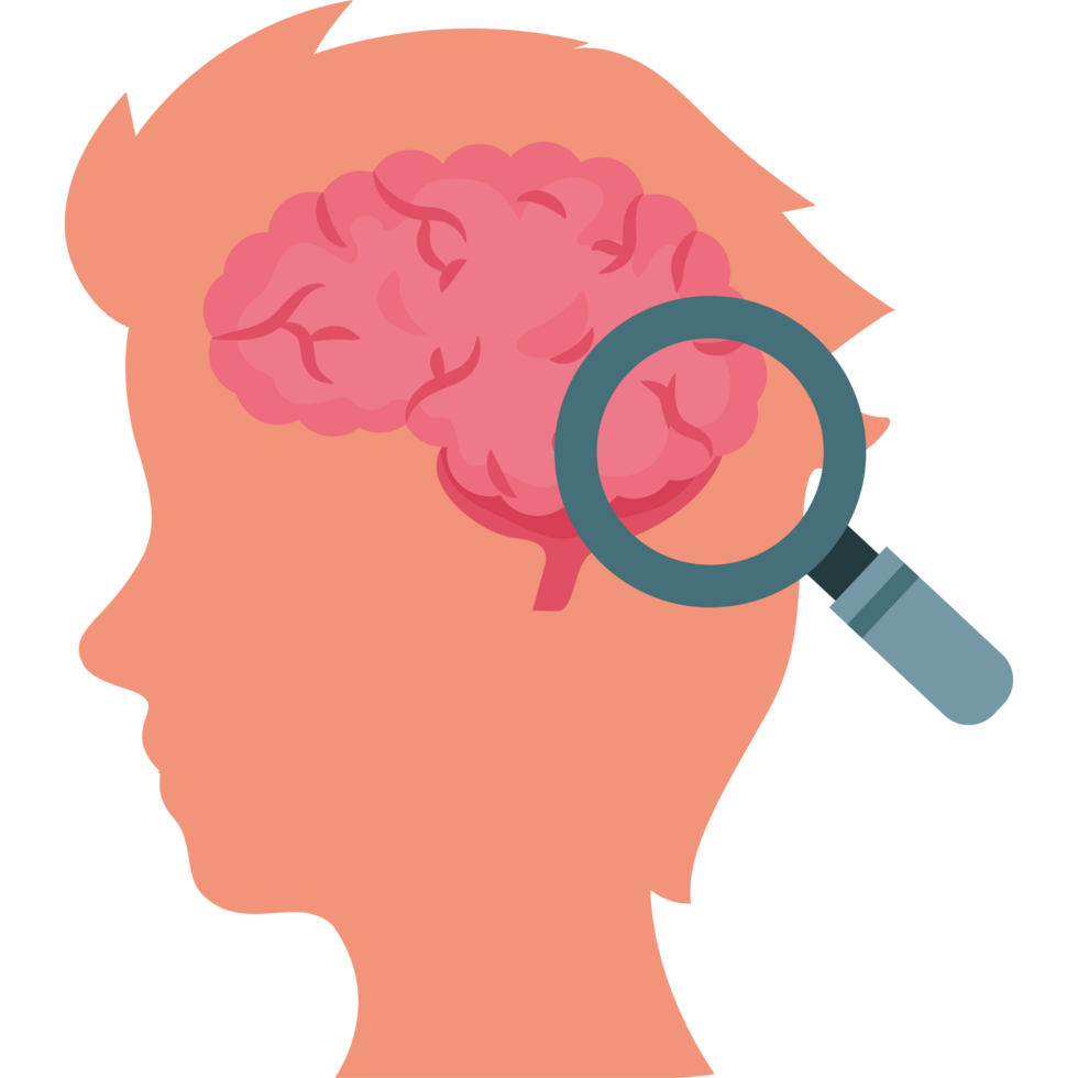 A person with a magnifying glass looking at a brain png