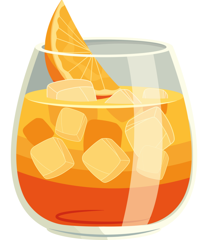 An orange drink with ice cubes and an orange slice png