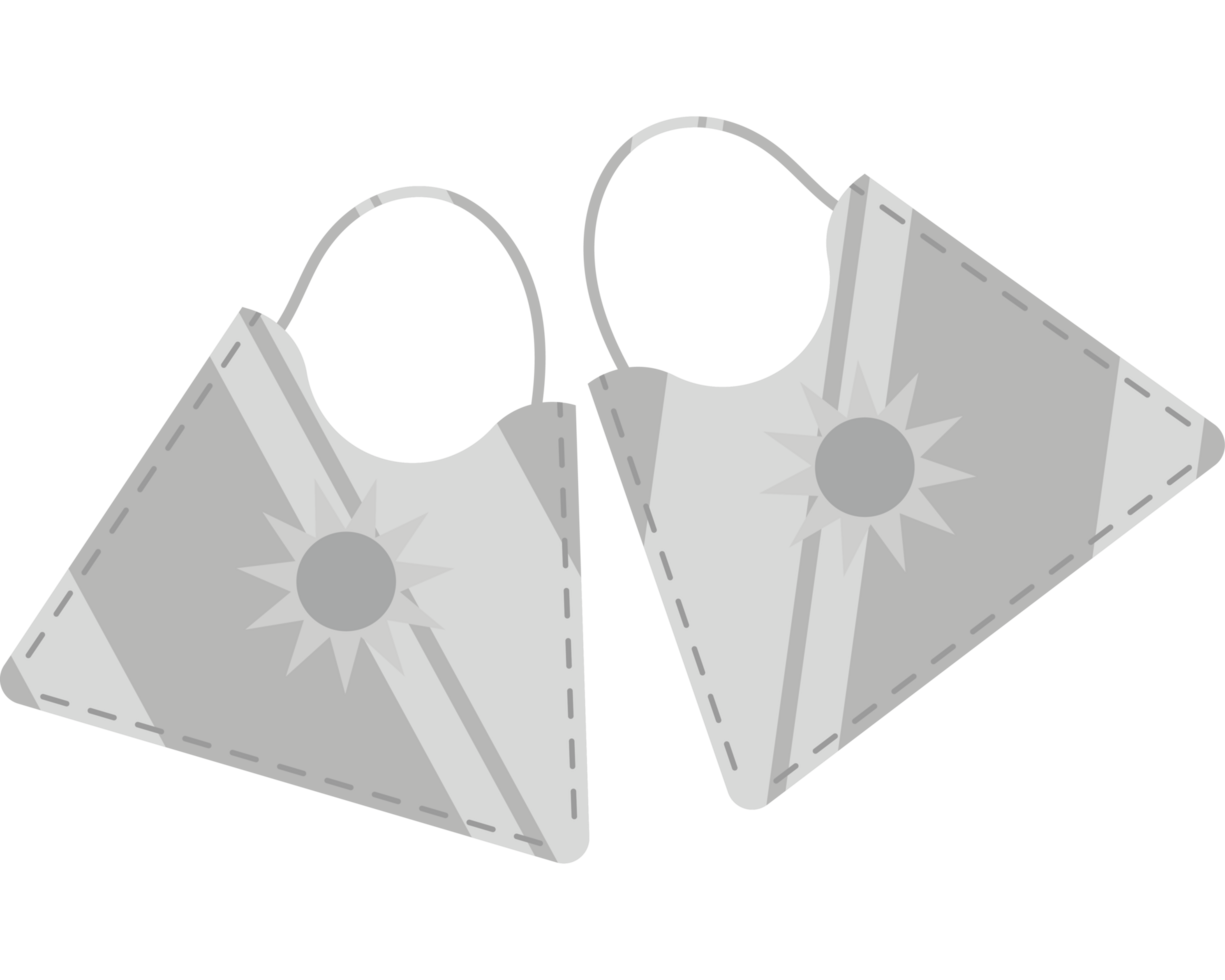 Two silver triangle shaped earrings with a sun on them png