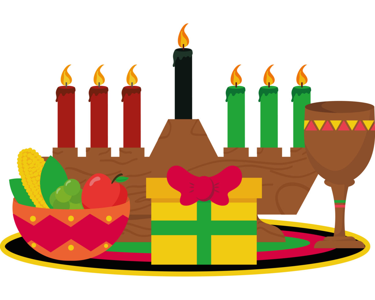 A menorah with candles, fruit, and a gift png
