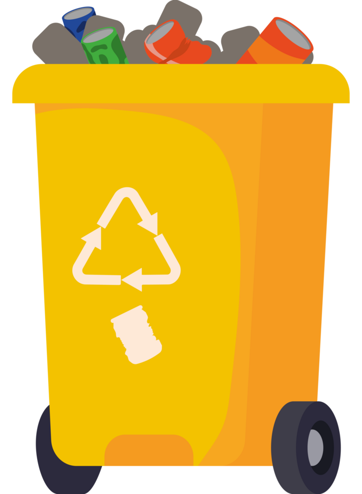 A yellow trash can with cans and other items png