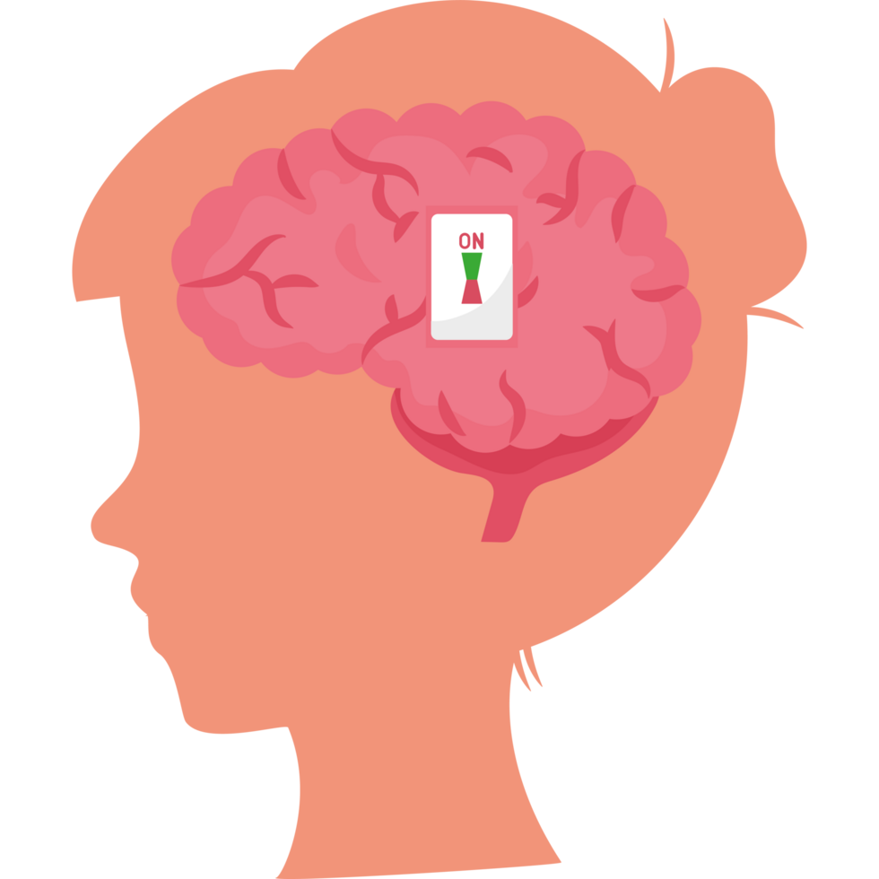 A woman's brain with a red button on it png