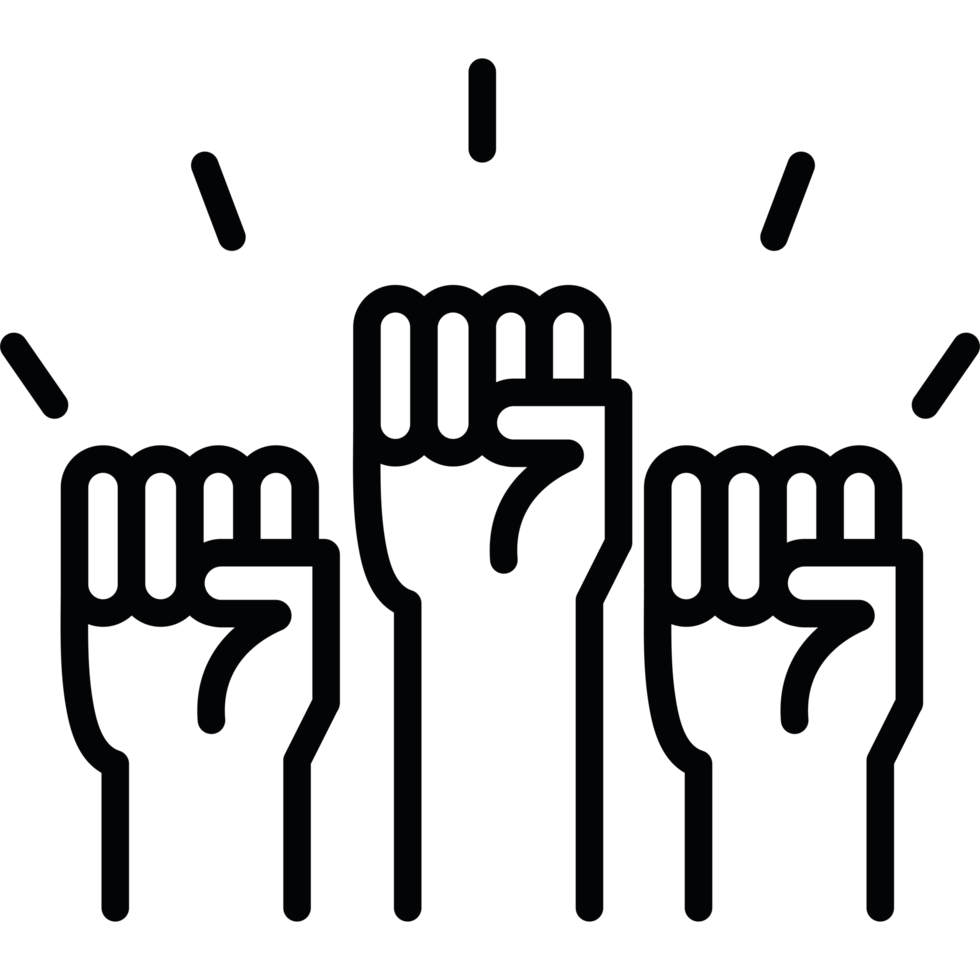 A black and white illustration of three hands with their hands up png