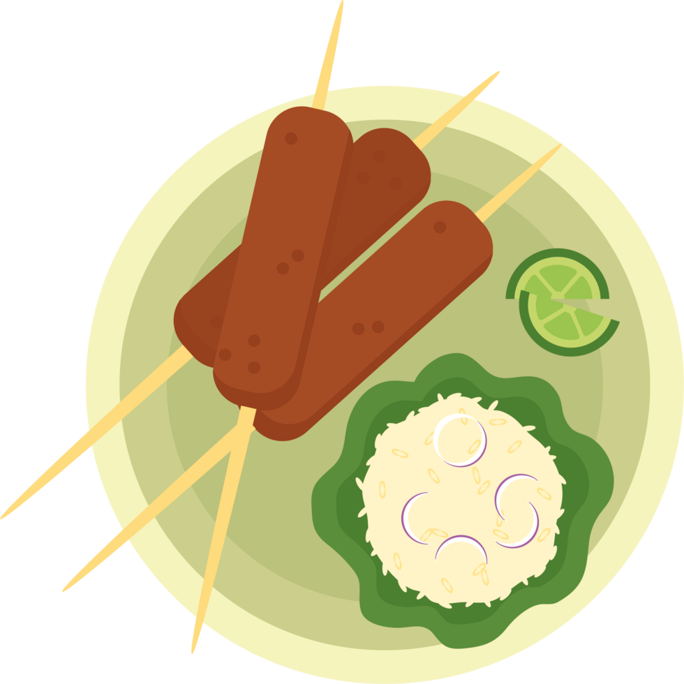 A plate with a plate of food and a skewer png