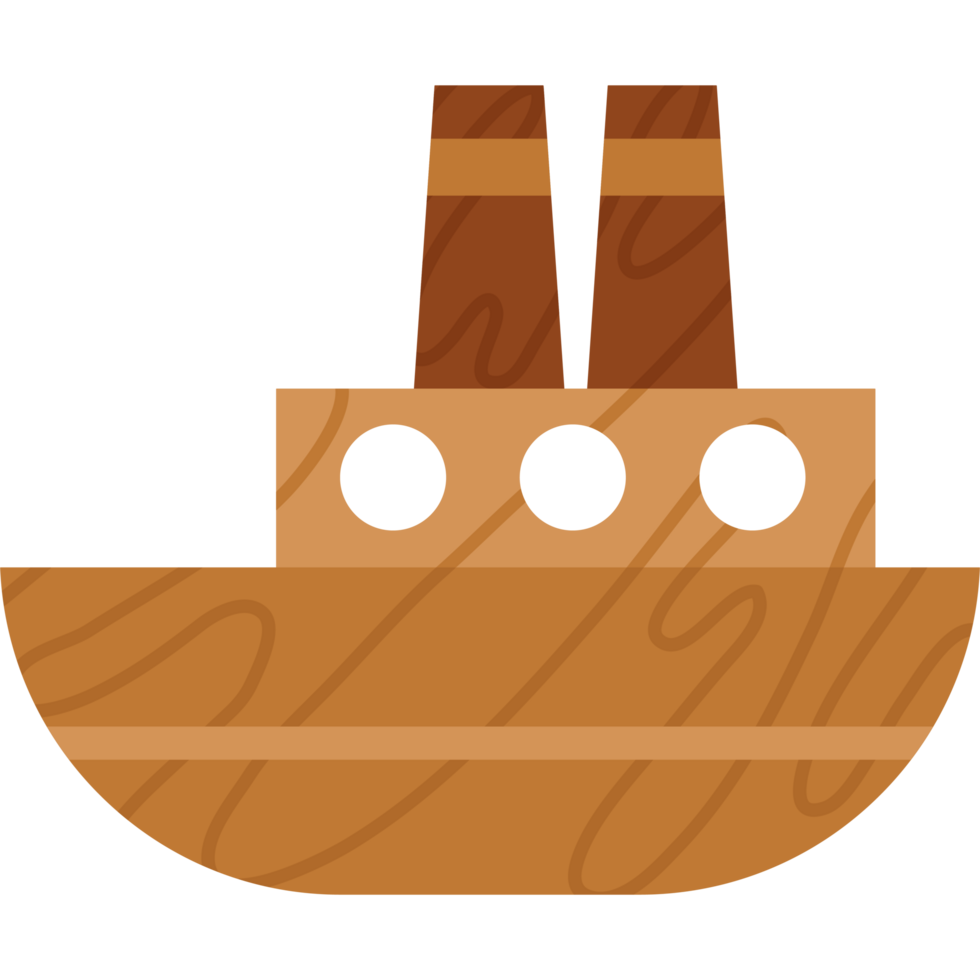 A wooden boat with two chimneys on top png