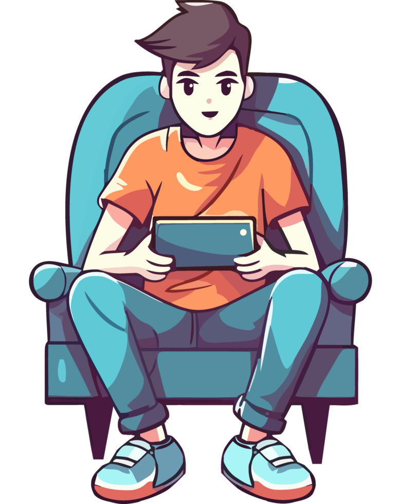A cartoon man sitting on a couch with a tablet png