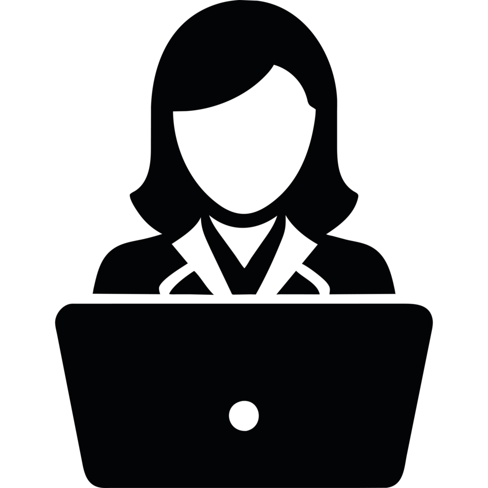 A woman is sitting at a computer with a laptop png