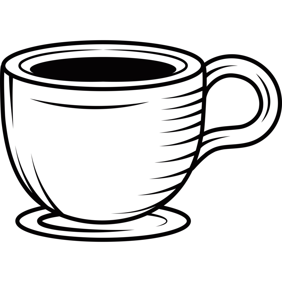 A black and white drawing of a cup of coffee png