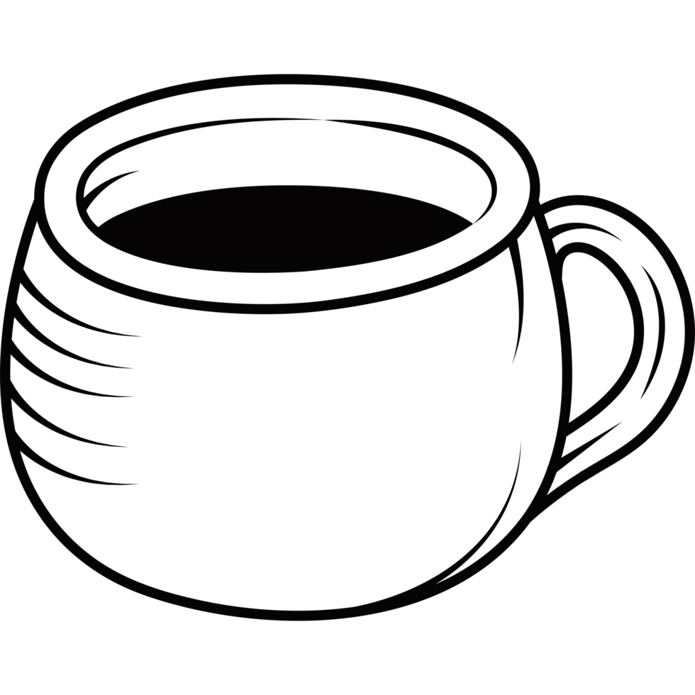 A black and white drawing of a cup of coffee png