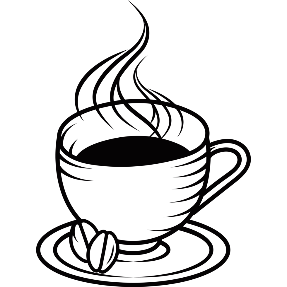 A black and white drawing of a cup of coffee png