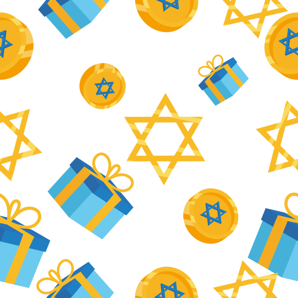 Jewish holiday seamless pattern with star of david and gift boxes png