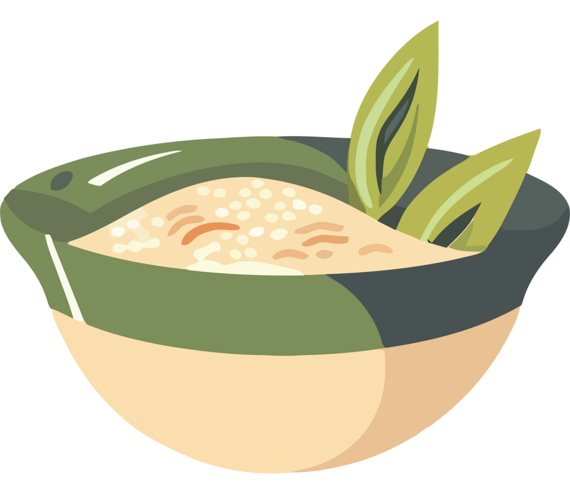A bowl of rice with a leaf on top png