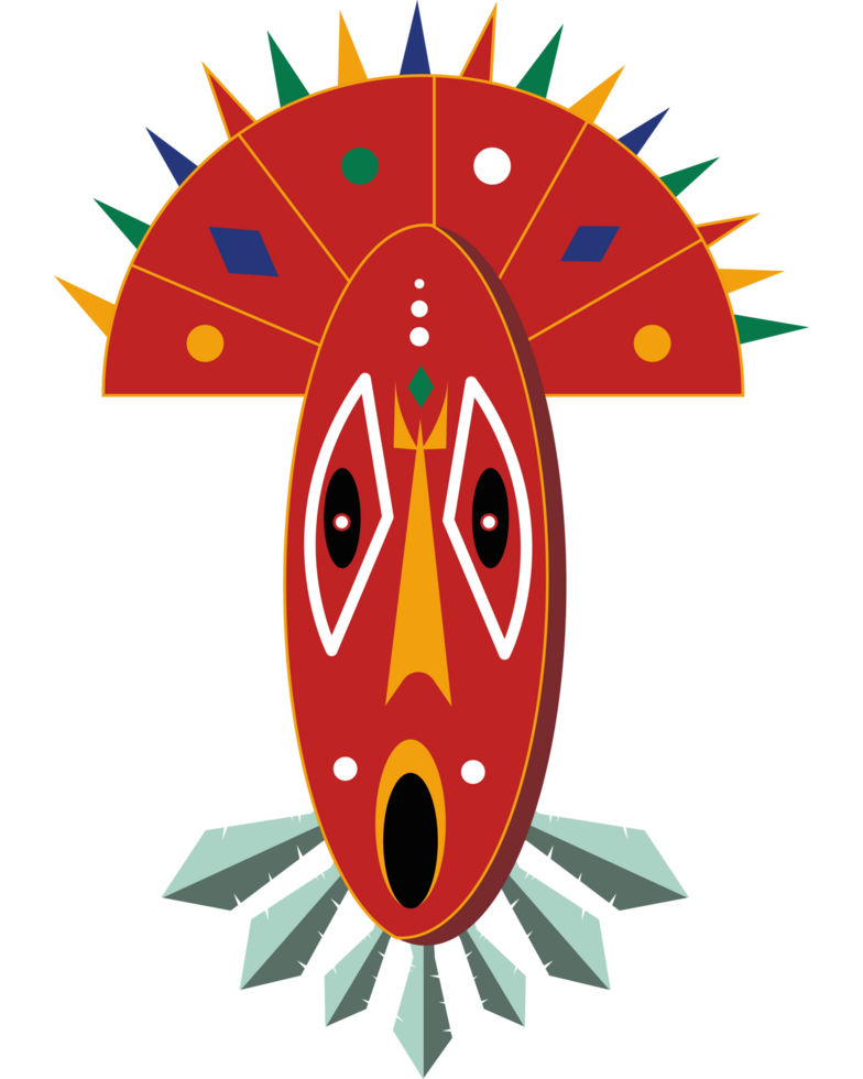 A red mask with a large head and colorful feathers png