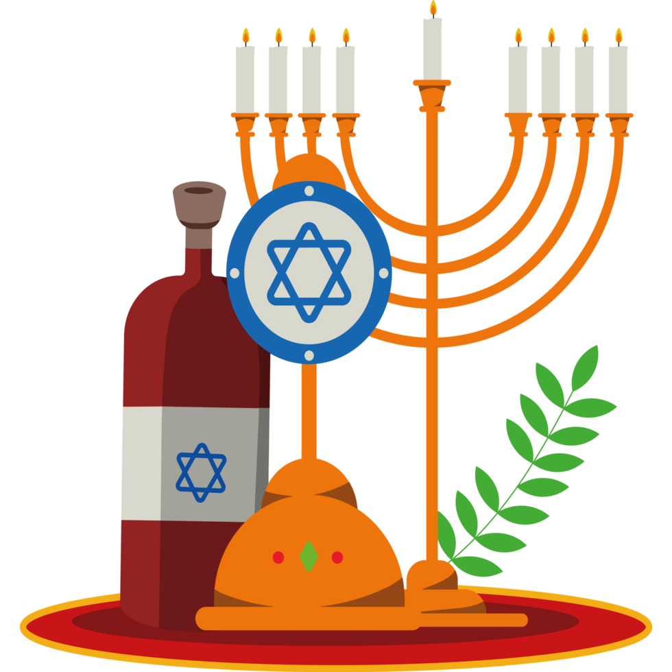A menorah, wine and candles on a table png