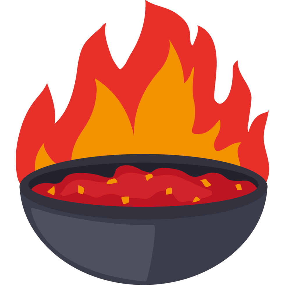 A bowl of chili is on fire in a black bowl png