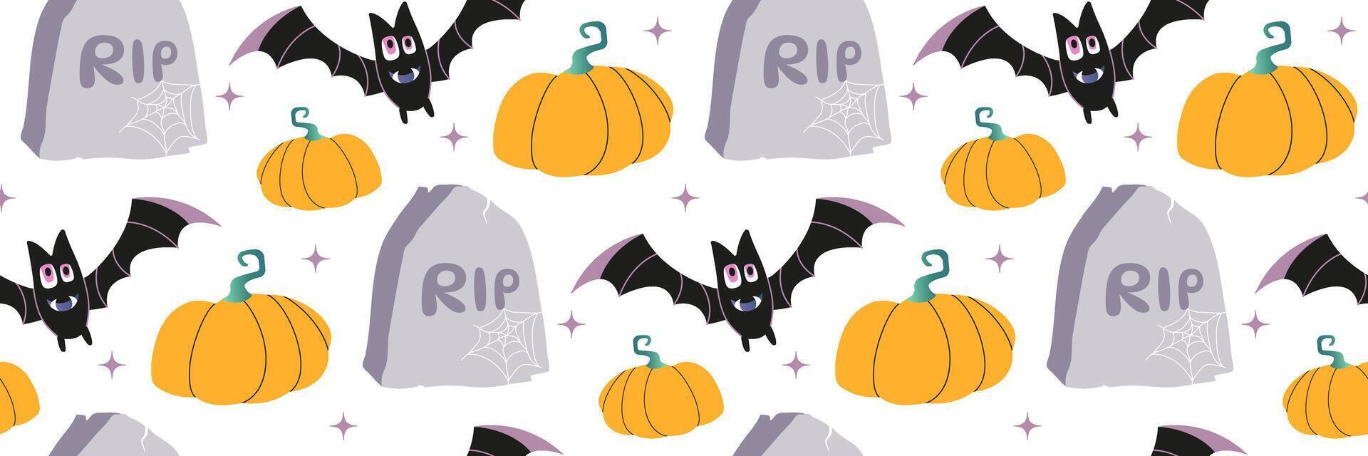 Happy Halloween ghost seamless pattern. Cute pumpkins, bat, tombstone hand drawn illustration. Halloween festive background. Pattern for printing on wrapping paper, wallpaper or fabric. vector