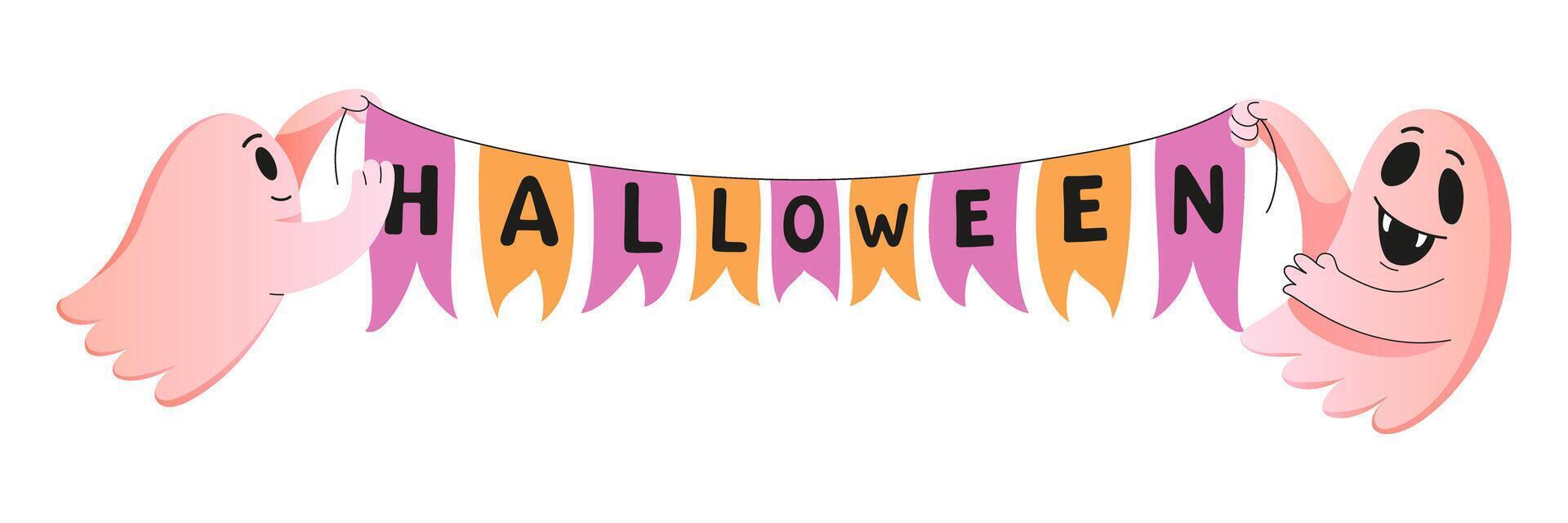 Halloween cute pink ghost. Garland of flags. Happy Halloween background. fly funny spook. Halloween spooky cartoon poltergeist. Text with characters for your party. flat illustration. vector