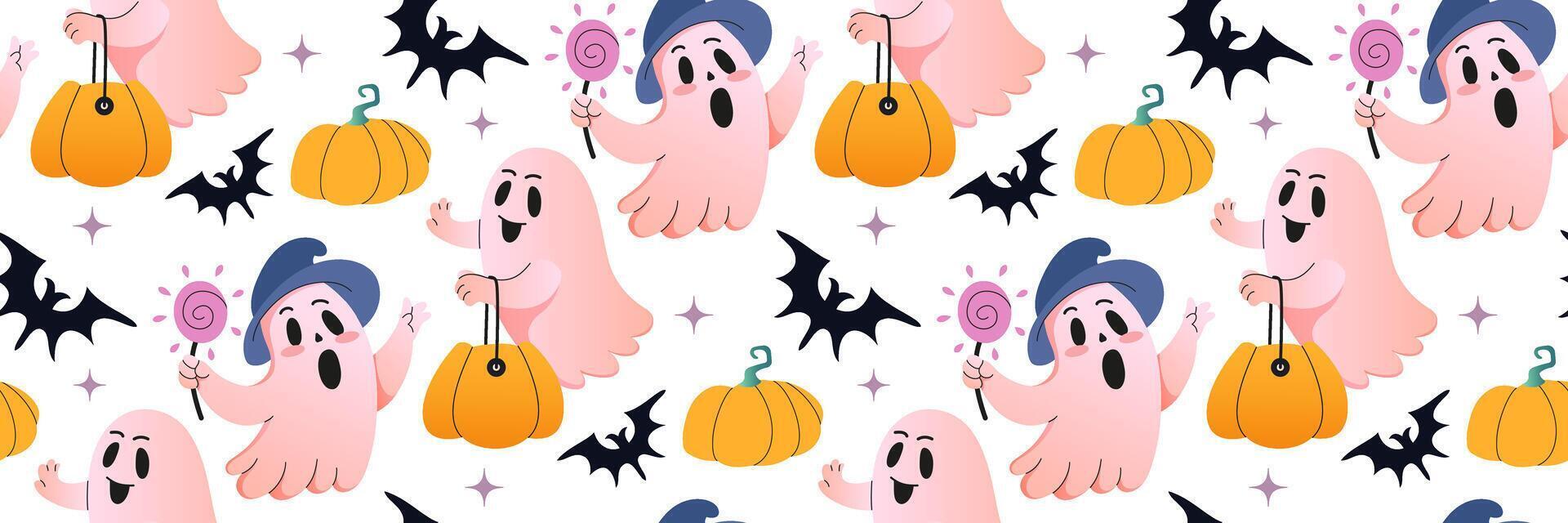 Halloween seamless pattern. Cute ghost in witch hat with lollipop. Poltergeist with basket of sweets. Spooky cartoon characters. Halloween background with pumpkin, bat, ghost. flat illustration vector