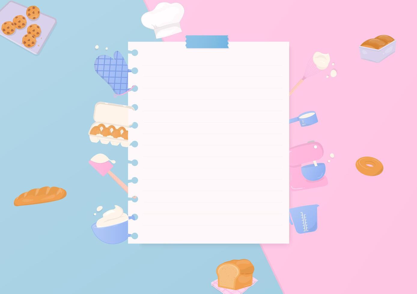 Note paper and baking utensils background vector