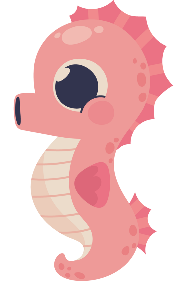A cartoon seahorse with a pink body and blue eyes png