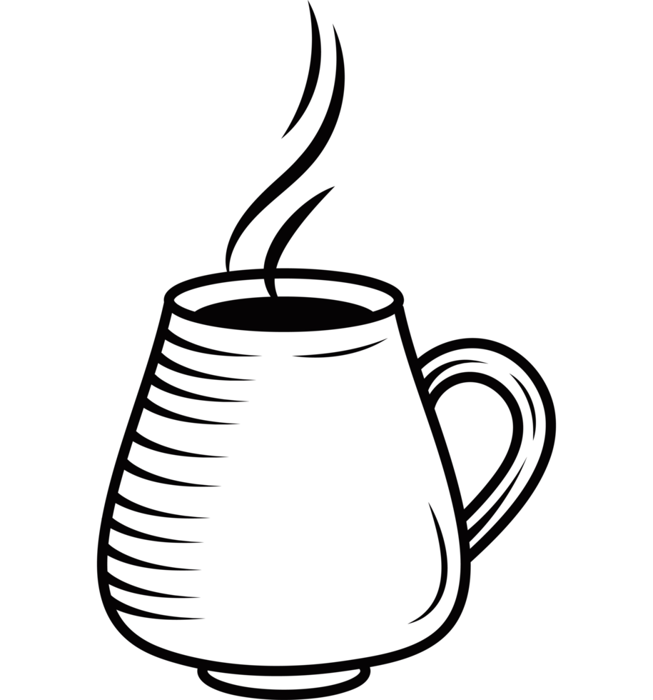 A black and white drawing of a cup of coffee png