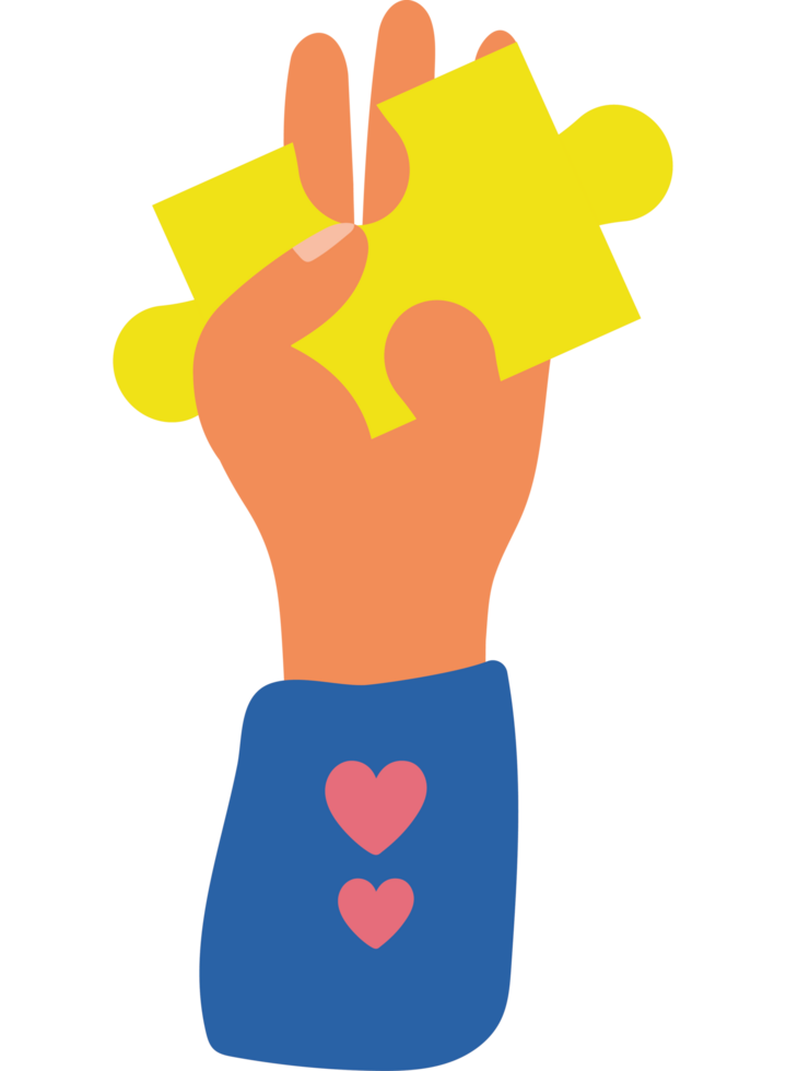 A hand holding a yellow puzzle piece with hearts png